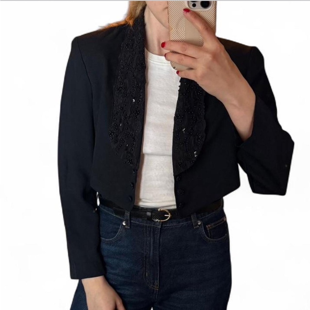 Vintage Black Women's Blazer with Embellished Collar